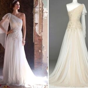 GALINA SIGNATURE Champagne Embellishment One Shoulder Wedding Gown New